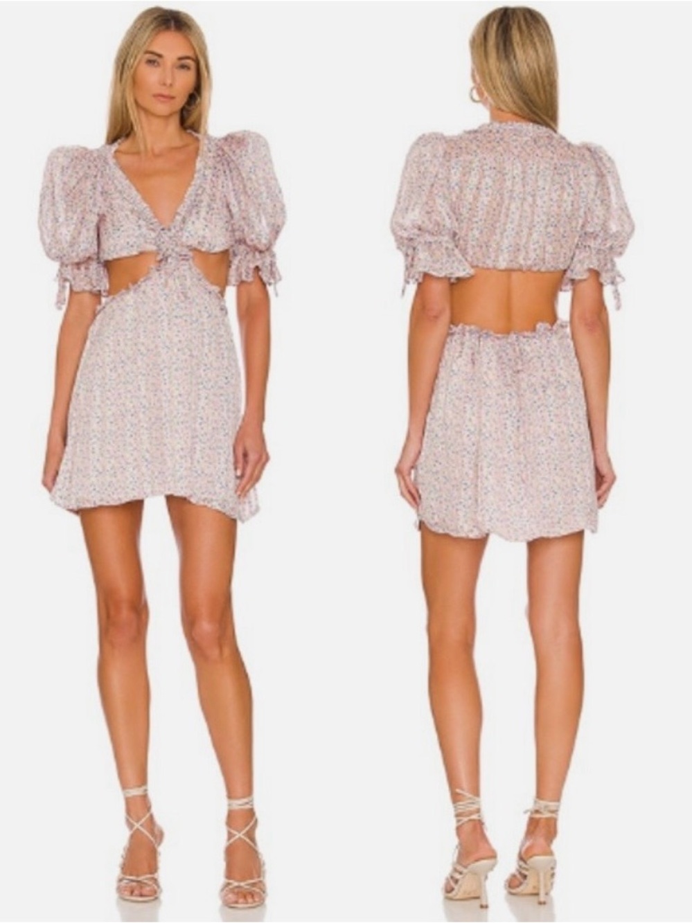 NWT For Love & Lemons Phoebe Cutout Puff Sleeve Floral Mini Dress Large